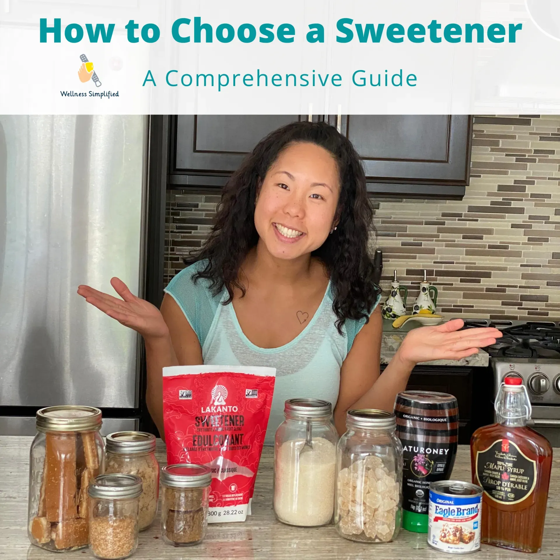 Woman smiles, gesturing toward various sweeteners on a countertop, title reads 