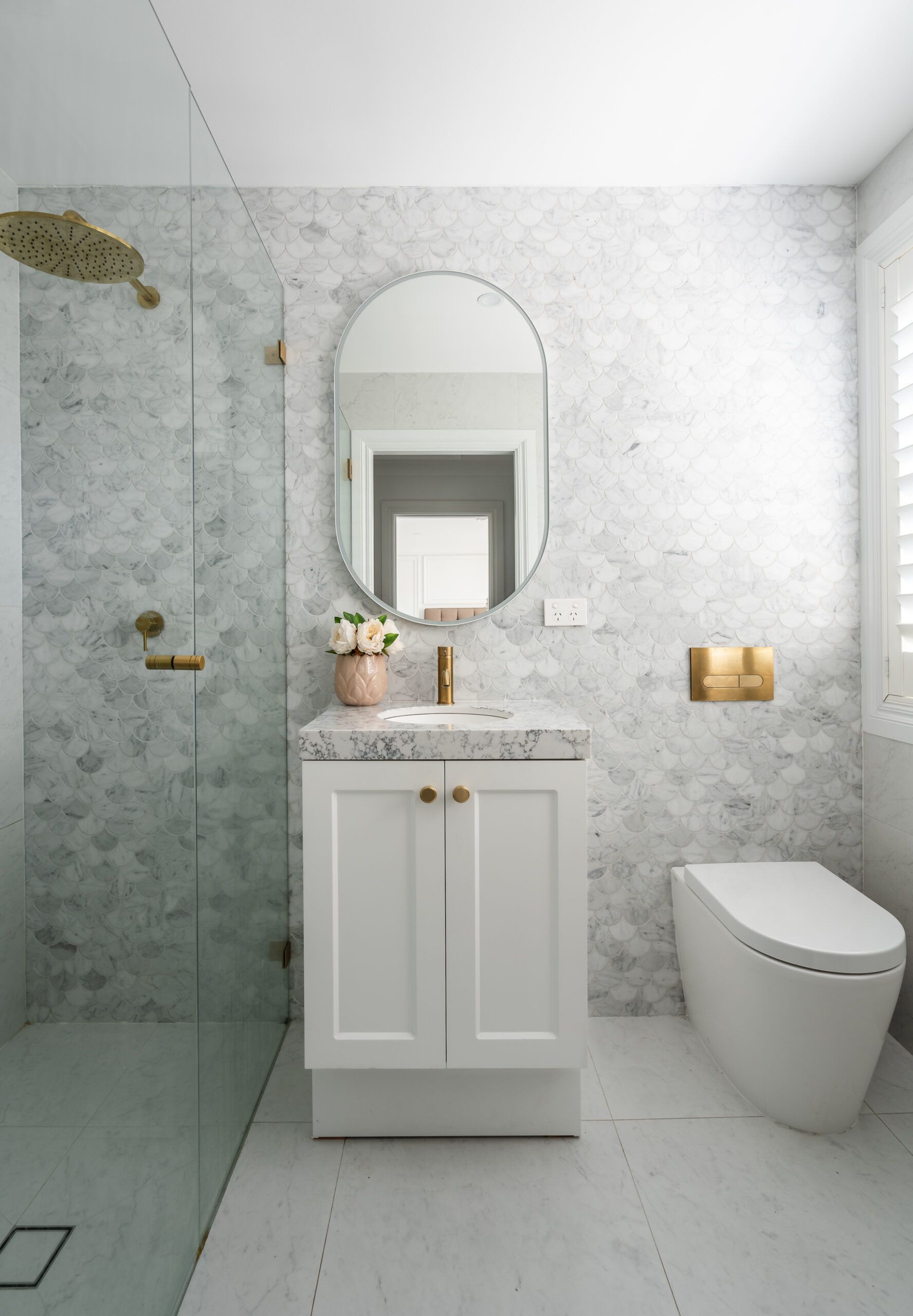 Bathroom With White Cabinets — Stone Arc in Kincumber, NSW