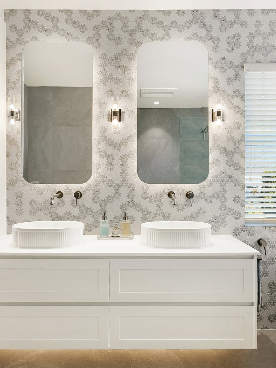 Bathroom With Dual Sinks, Mirrors, and Floral Wallpaper — Stone Arc in Kincumber, NSW