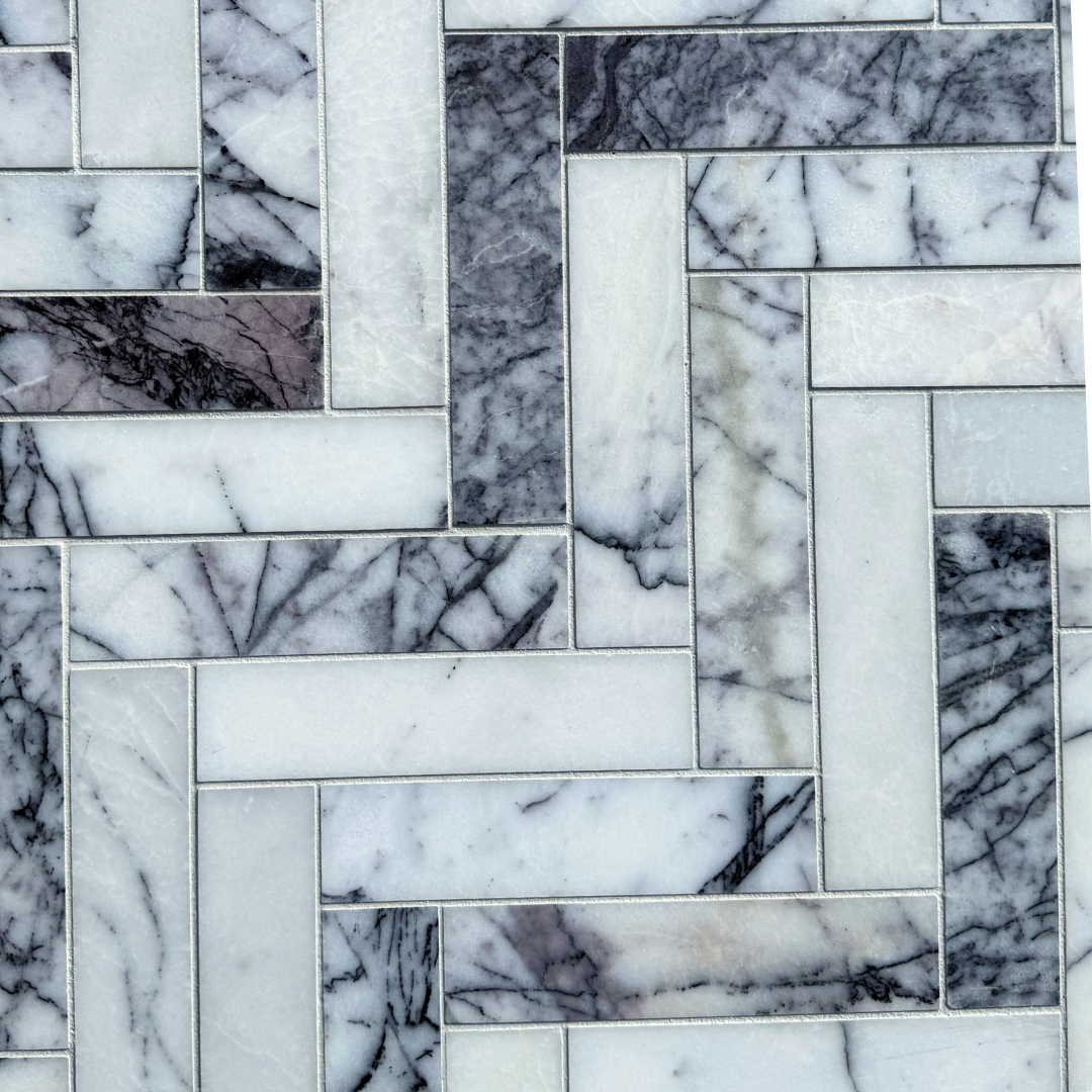 Herringbone Pattern Marble Tile in Shades of White, Gray, and Purple — Stone Arc in Kincumber, NSW