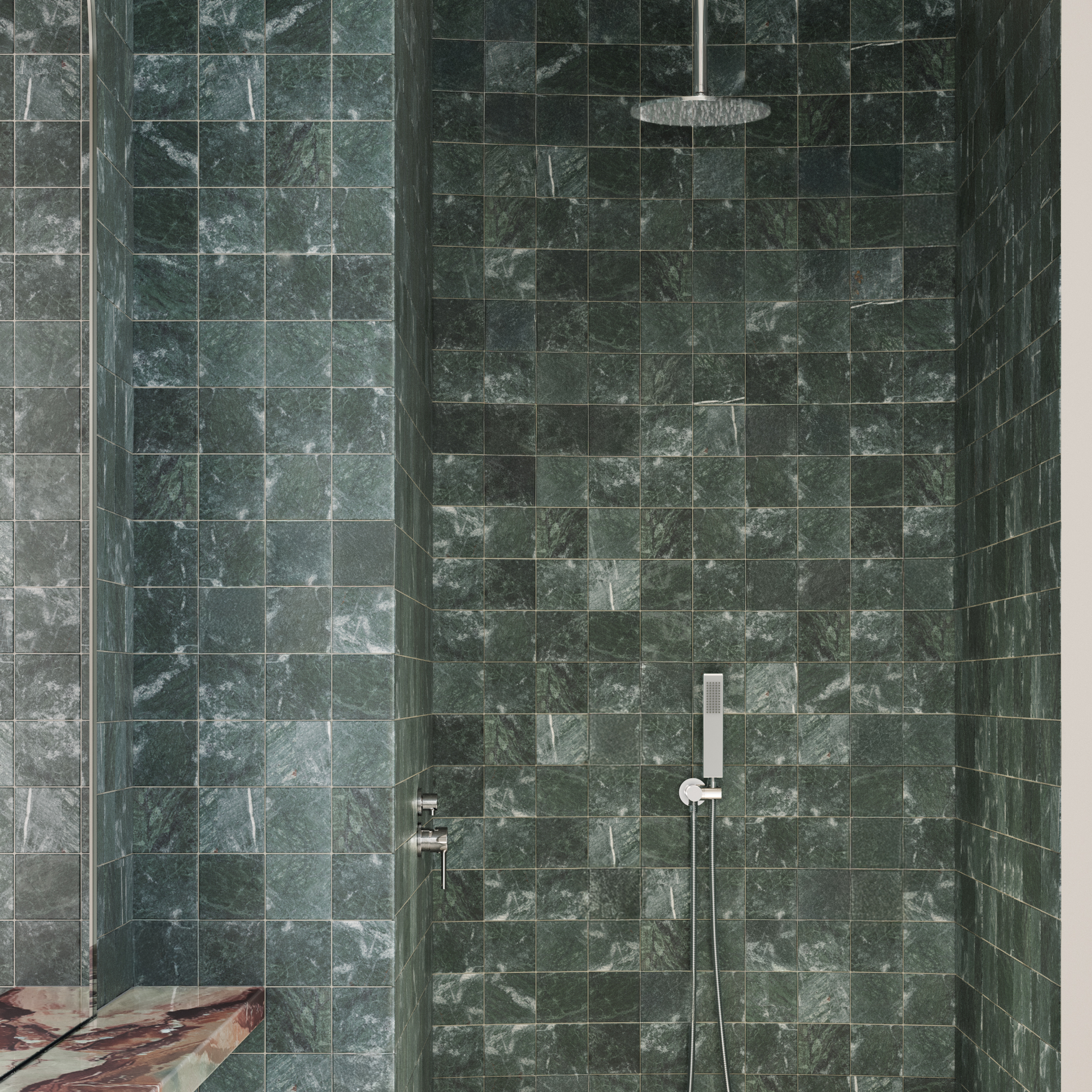 Shower Stall With Dark Green Marble Tile and Silver Fixtures — Stone Arc in Kincumber, NSW