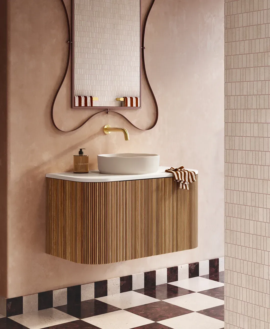 Bathroom With a Wooden Vanity, Vessel Sink, Ornate Mirror, and Checkered Floor — Stone Arc in Kincumber, NSW