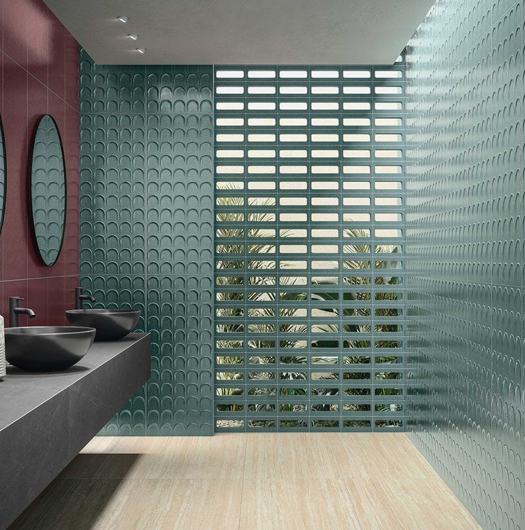 Modern Bathroom With Teal Textured Tiles — Stone Arc in Kincumber, NSW