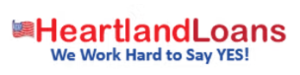 A logo for heartland loans that says we work hard to say yes