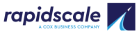 Logo for RapidScale, a Cox Business Company, featuring navy blue text and a square icon with a stylized light blue swoosh.