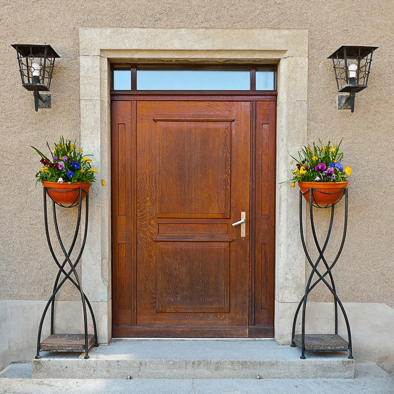 A wooden door with two potted plants in front of it