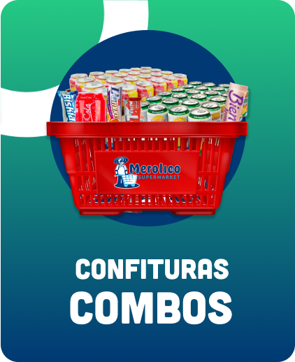 A red basket filled with a variety of cans and candy called confituras combos