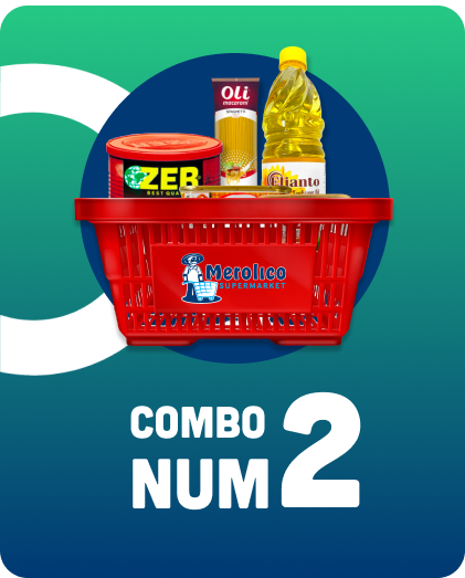 A red basket filled with groceries and the words combo num 2