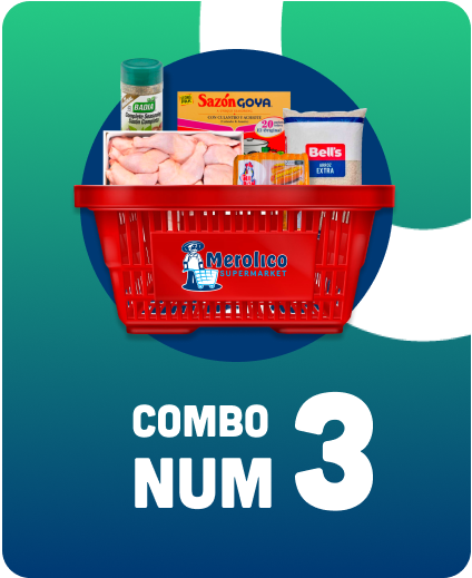 A red basket filled with groceries and the words combo num 3