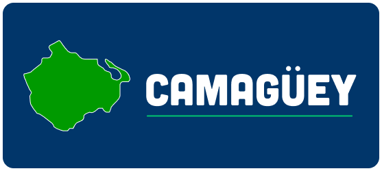 A blue sign with a green map and the word camaguey on it