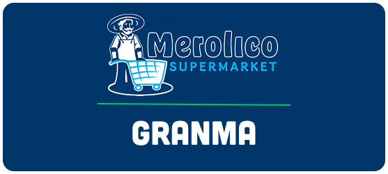 A blue sign that says merolico supermarket granma