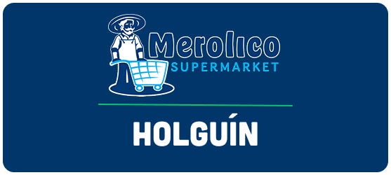 A blue sign that says merolico supermarket holguin