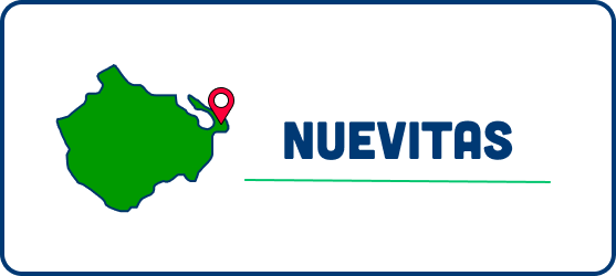 A logo for nuevas with a green map and a red pin.