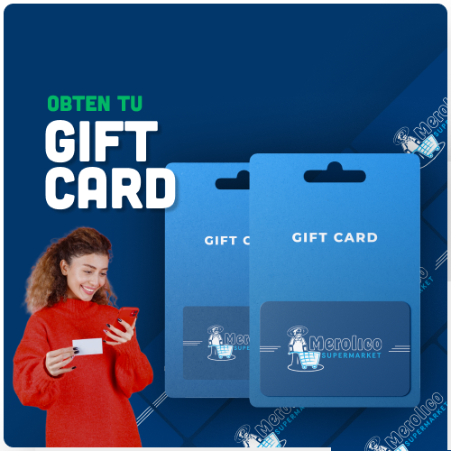 A woman in a red sweater is holding a gift card