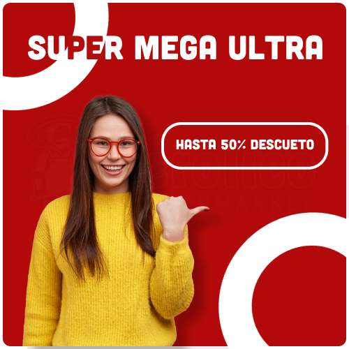 A woman in a yellow sweater is pointing at a button that says super mega ultra