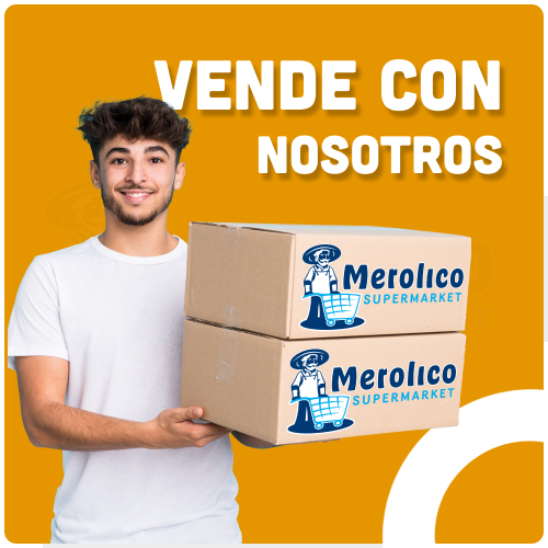 A man is holding a stack of merolico supermarket boxes