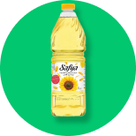 A bottle of sunflower oil on a green background.