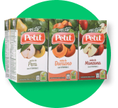 Three boxes of petit fruit juice are stacked on top of each other on a green background.