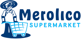 A logo for merolico supermarket with a man holding a shopping cart.