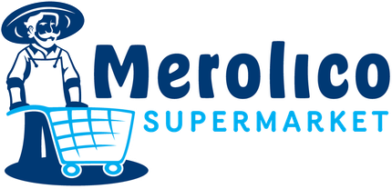 A logo for merolico supermarket with a man holding a shopping cart.