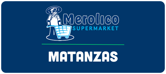 A blue sign that says merolico supermarket matanzas