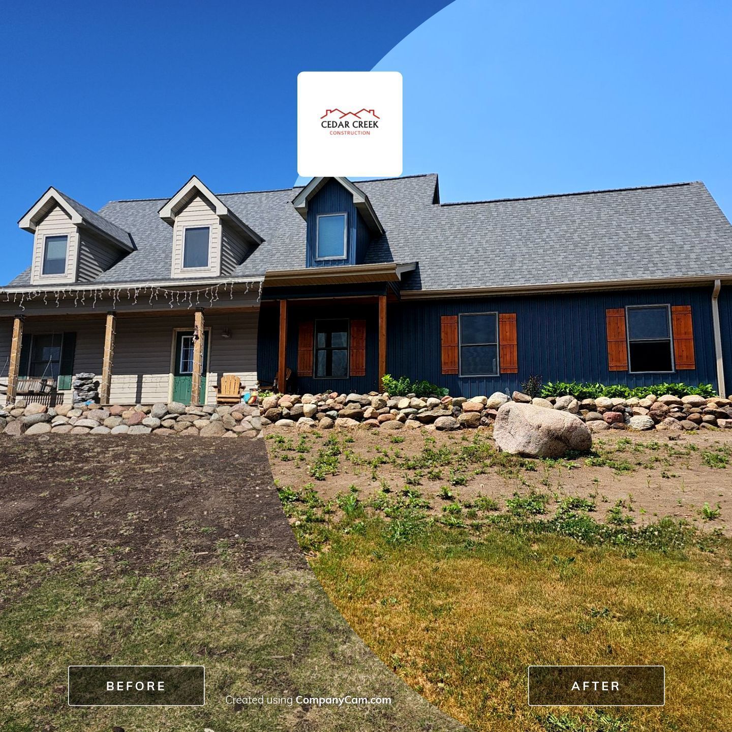 A picture of a house before and after being painted blue