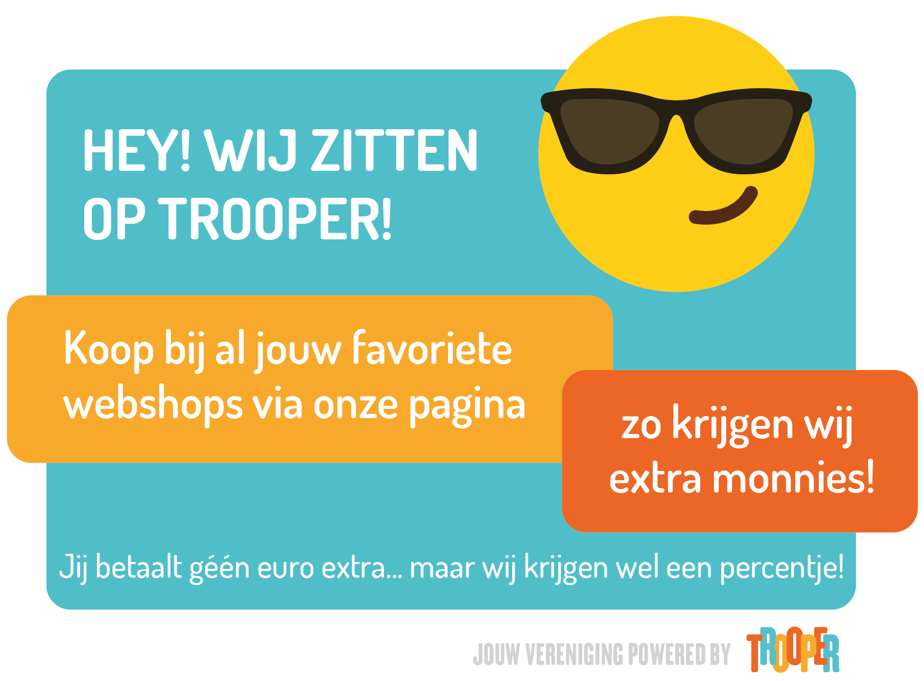 A poster with a smiley face wearing sunglasses says hey wij zitten op trooper