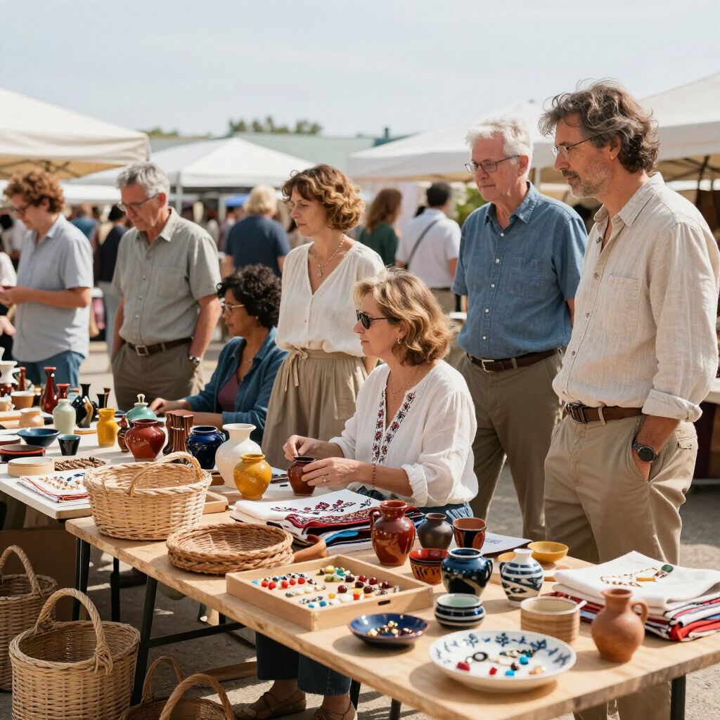 People browse handcrafted pottery and baskets at an outdoor market stall on a sunny day.