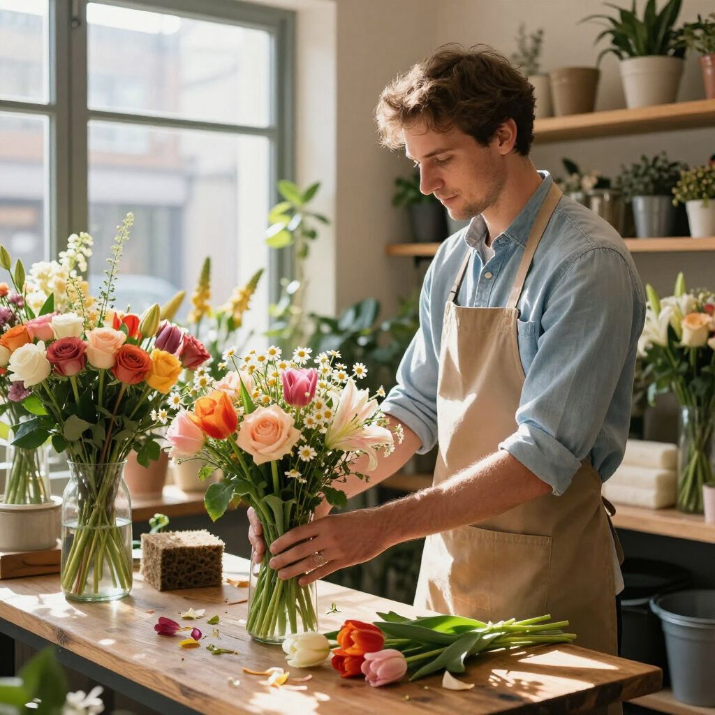 Florist arranging flowers in a shop; light-filled setting.