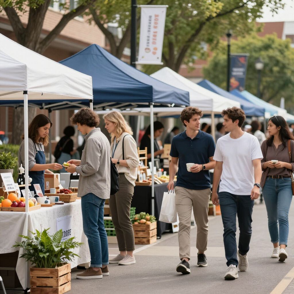 Outdoor market with vendors and customers browsing, sunny day.