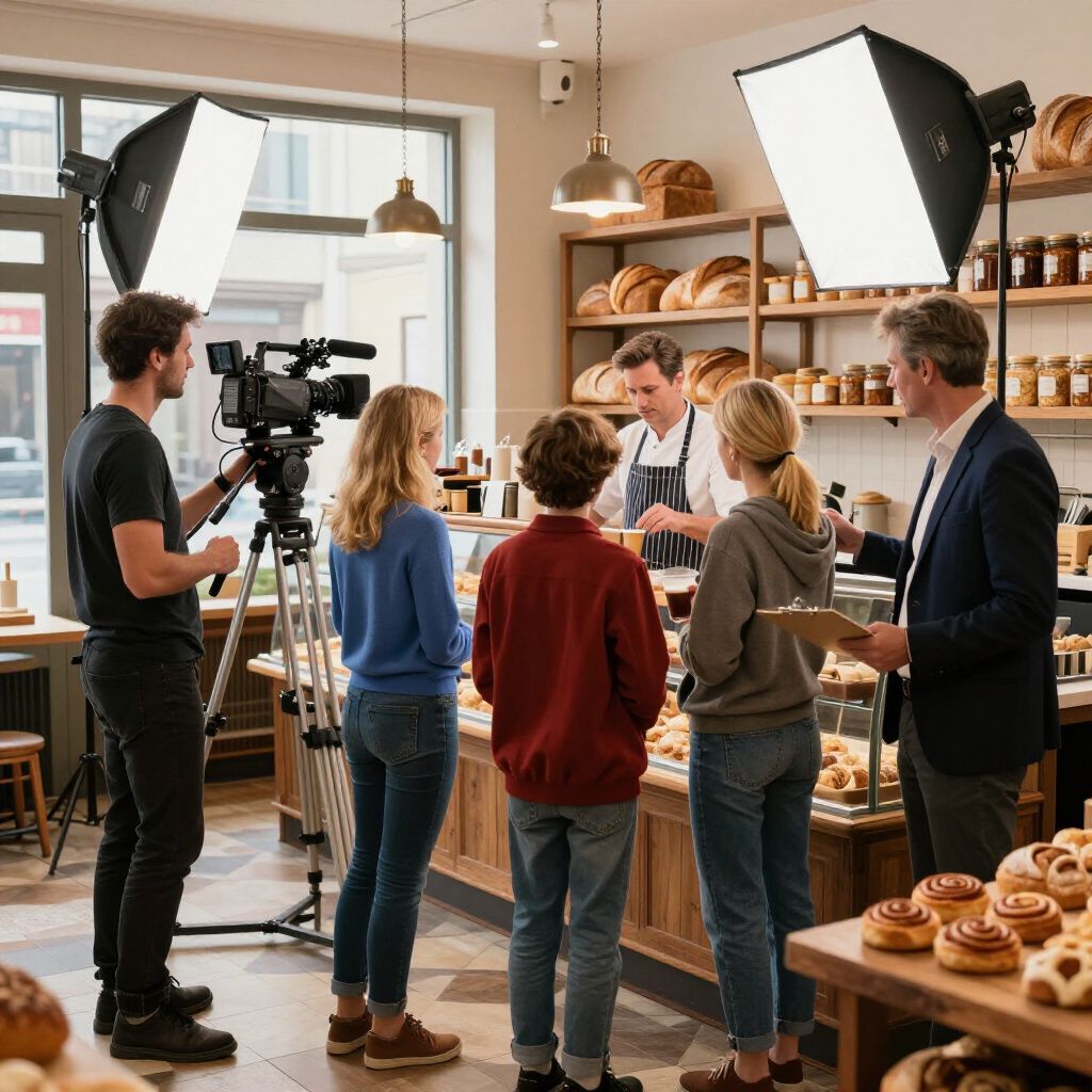 A film crew shoots in a bakery: videographer, director, children, baker. Sunlight and lights.