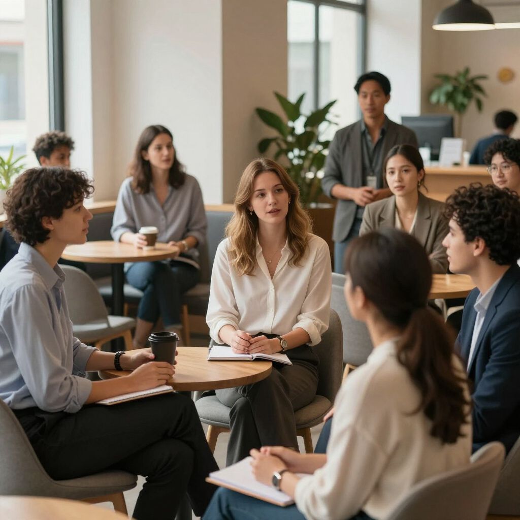 People in business attire seated around tables, having a meeting. A person is standing and speaking.