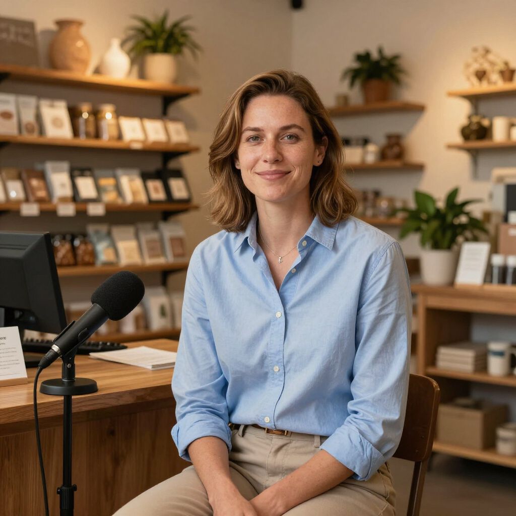 Woman in blue shirt seated at counter with microphone in shop, smiling. Shelves in background.
