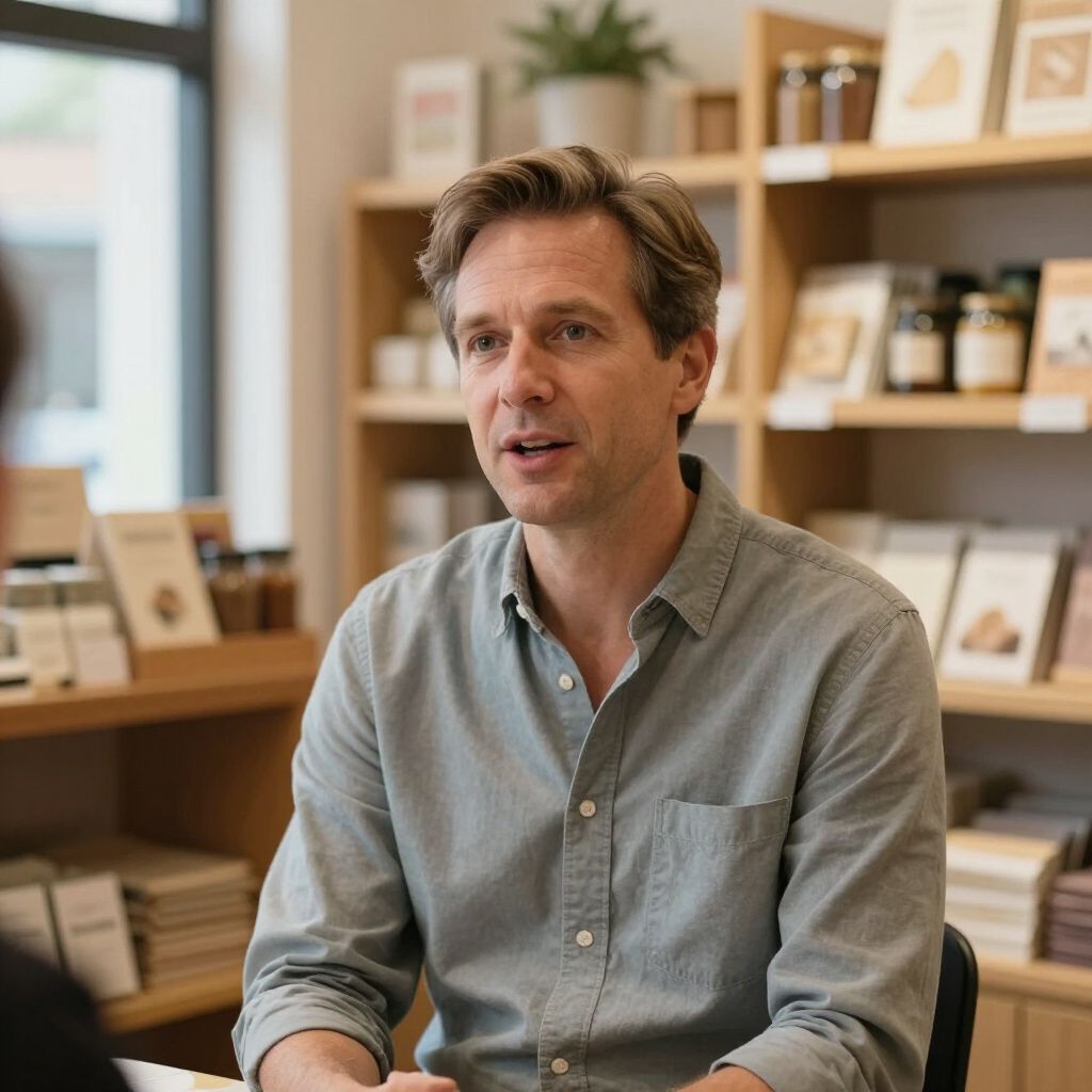 Man in a gray shirt speaking in a shop, shelves of products in the background.