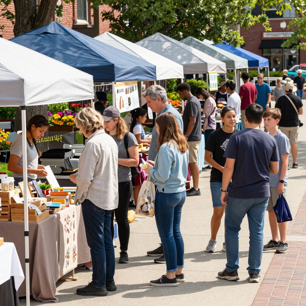 People browsing vendor stalls at an outdoor market with blue and white canopies on a sunny day.