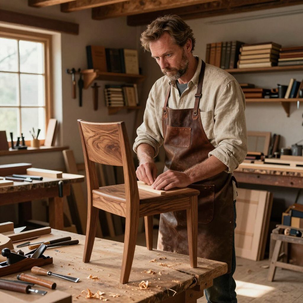 Woodworker in apron working on chair in workshop.