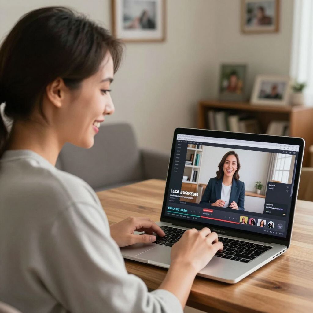 Woman watching video on laptop, smiling. Indoors, wooden table. Video shows another woman in a blazer.