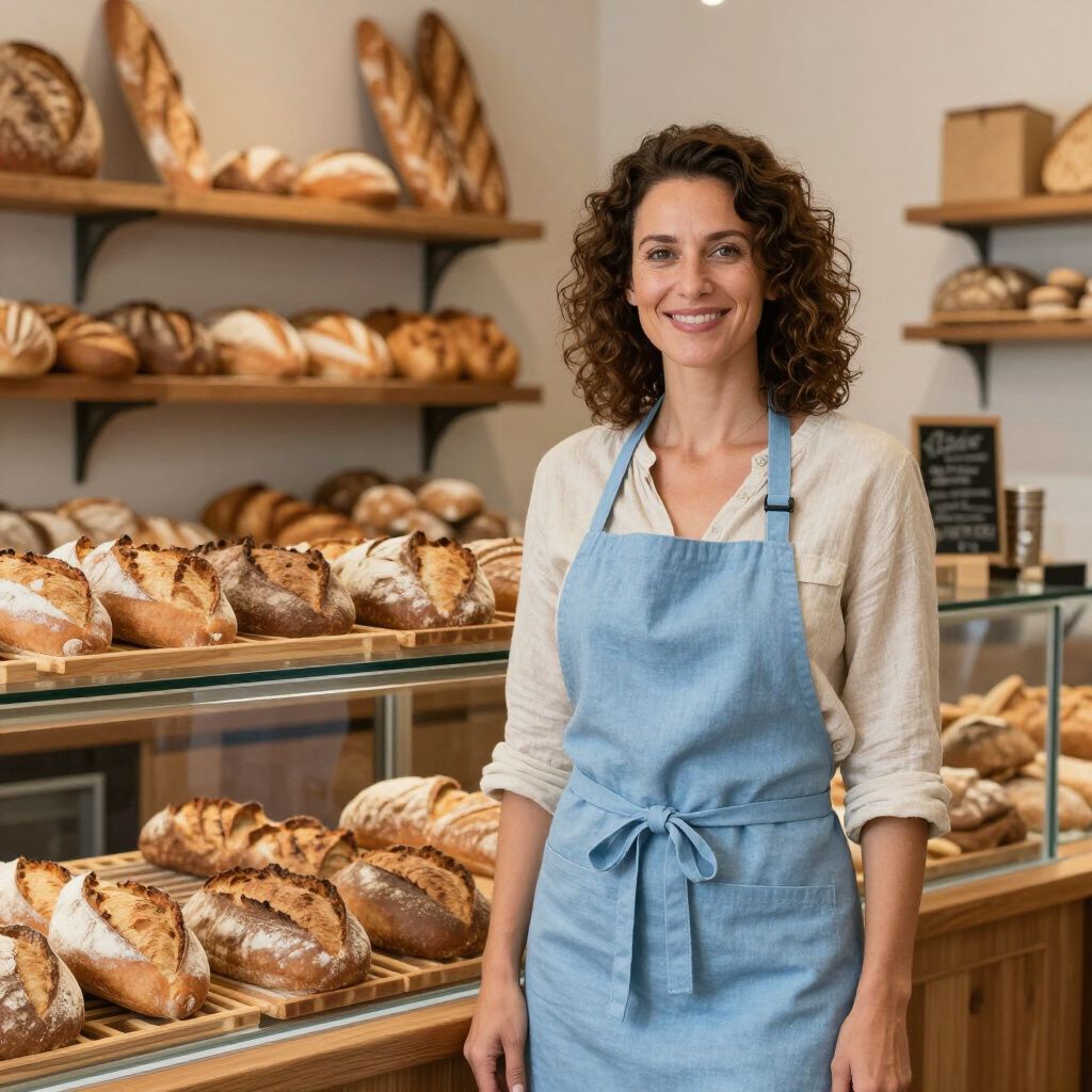 Woman in blue apron smiles in a bakery, surrounded by shelves of bread.