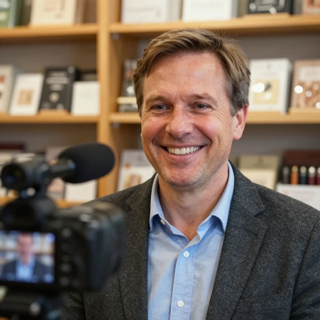 Man smiling at camera, sitting in a bookshop, recording video.