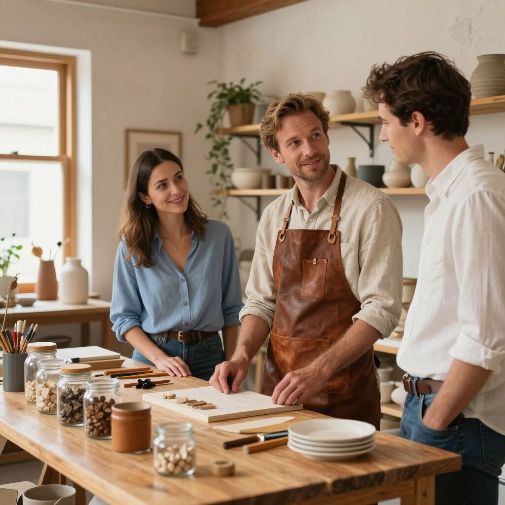 Three people in a pottery studio discussing a project; wooden table with jars, tools, and clay.