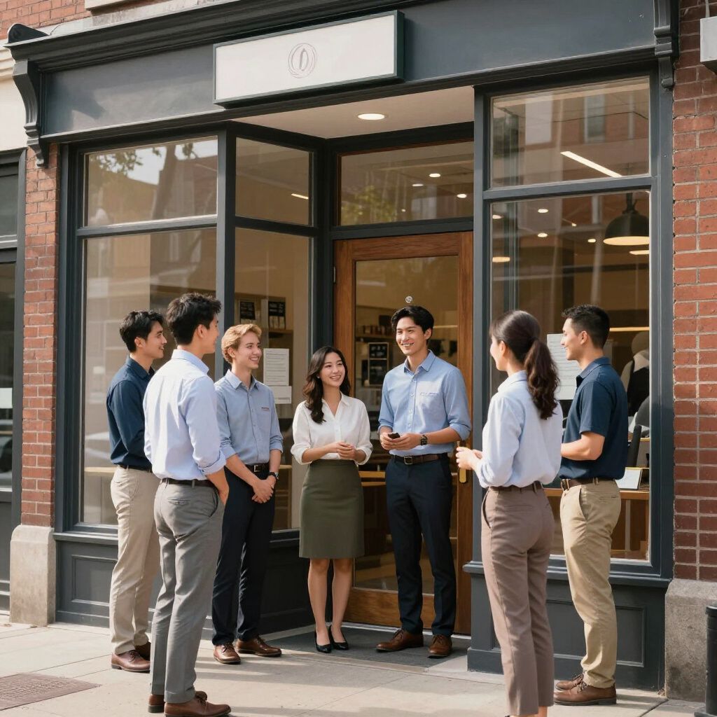 Group of people standing outside a storefront. Some are talking, others are listening. Brick building.