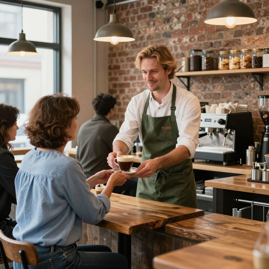 A barista hands a customer a coffee at a cafe counter. Brick wall, shelves with jars.