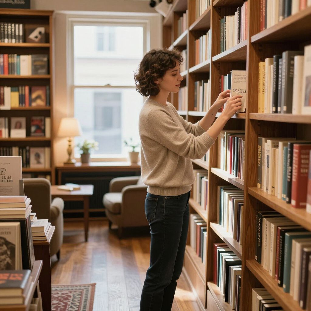 Woman in a library reaches for a book on a shelf. She wears jeans and a sweater. Bookshelves and a window are in the background.