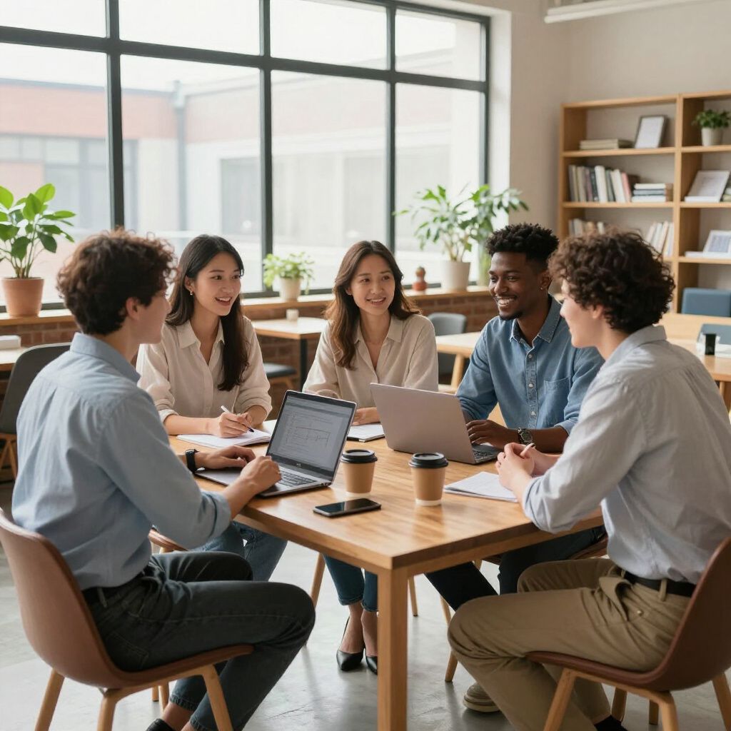 Group of people in business attire sitting at a table, discussing and using laptops in a bright office.