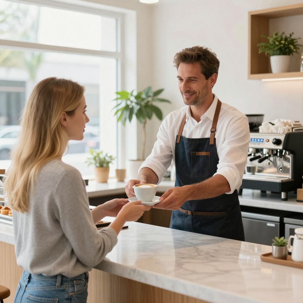 Barista hands a customer a cup of coffee at a cafe counter.