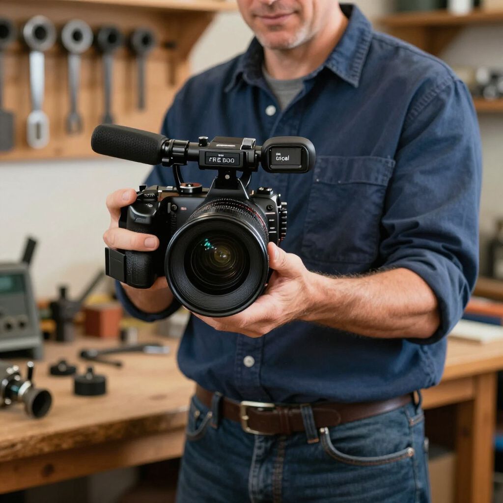 Man holding a camera with attached microphone in a workshop.
