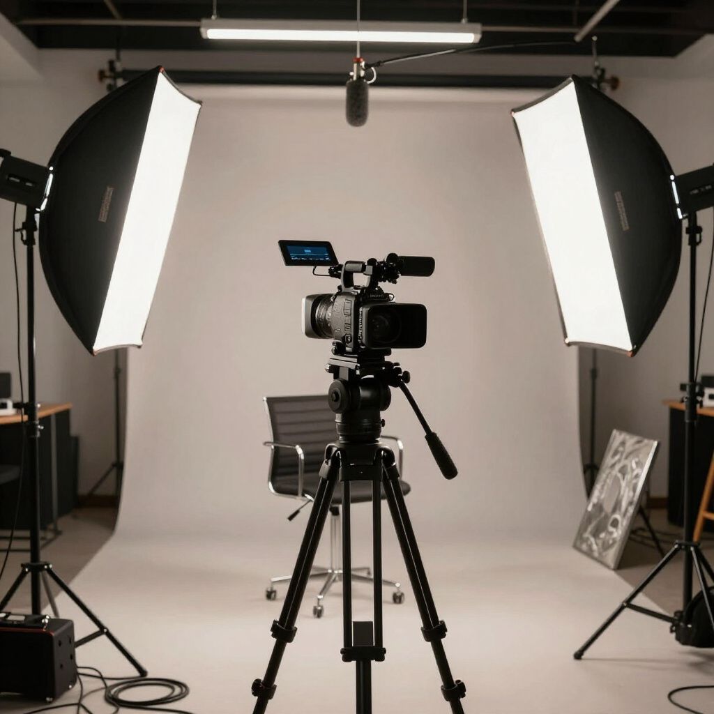 Video studio with camera on tripod, lights, background, and chair.