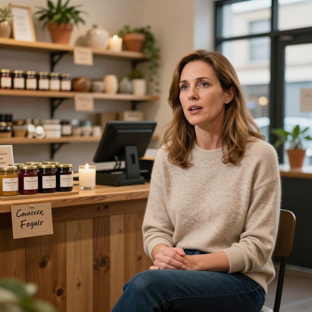 Woman sitting in a shop, speaking. Shop has shelves of products, a counter, and a cash register.