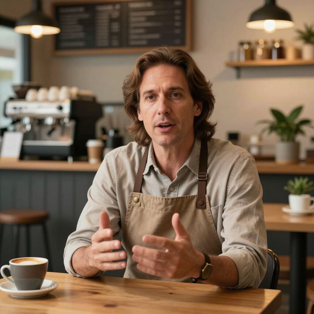 Man in apron at cafe, gesturing; coffee cup and espresso machine visible.