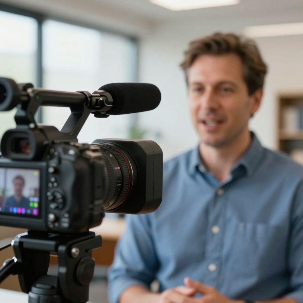 A man in a blue shirt is filmed speaking by a video camera. Inside an office.
